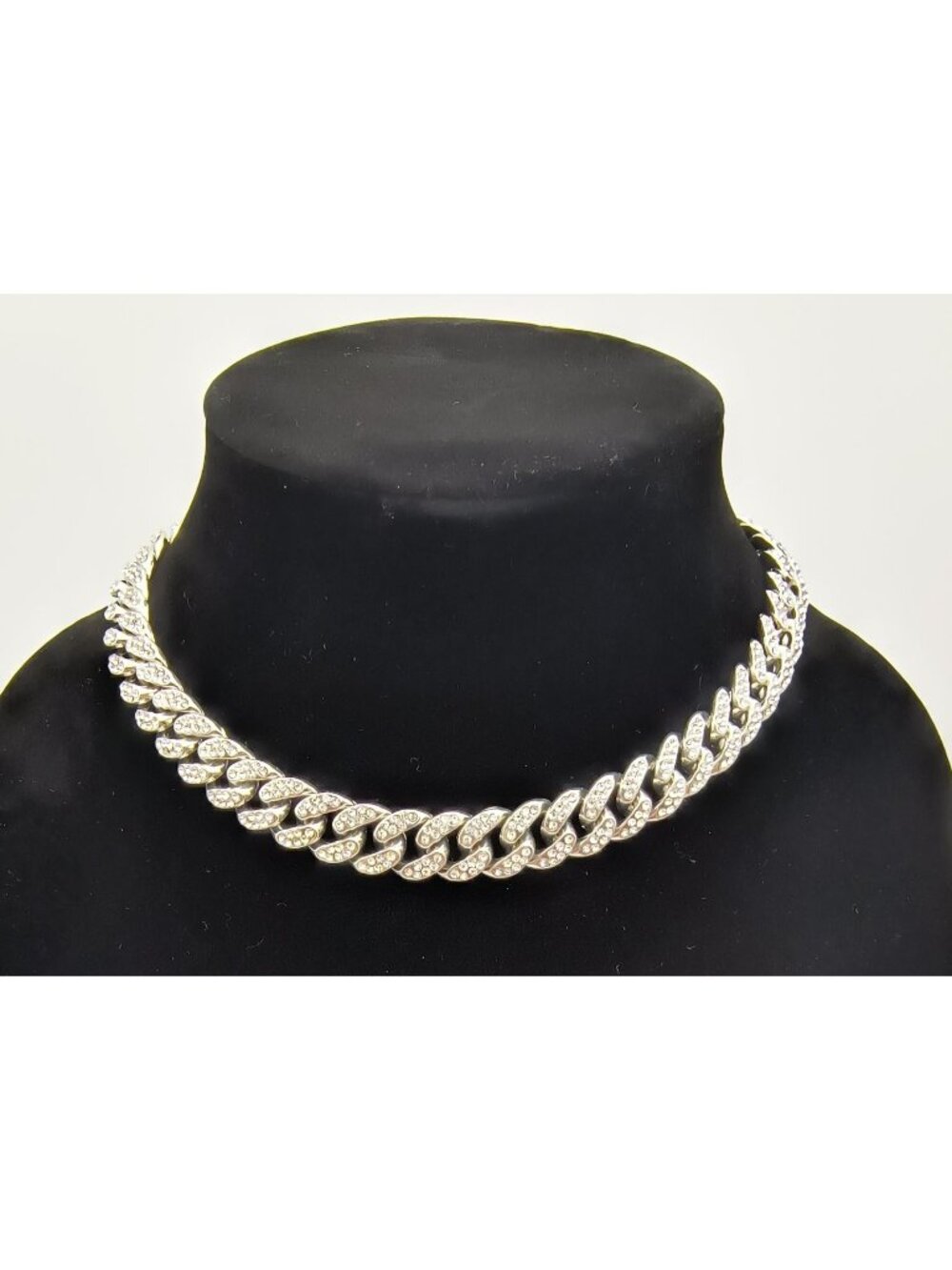 Silvertone Rhinestone Cuban Link Chain Necklace With Box Clasp